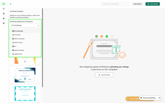 Certificate Size and Orientation