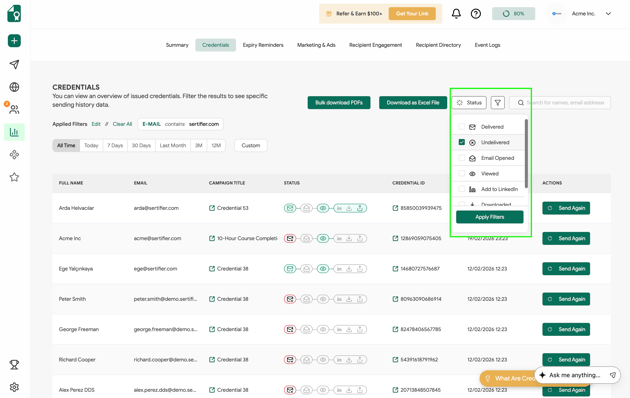 Credentials Undelivered Status Filter