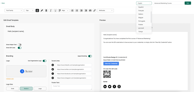 email language options