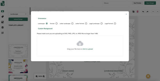 upload custom certificate design orientation