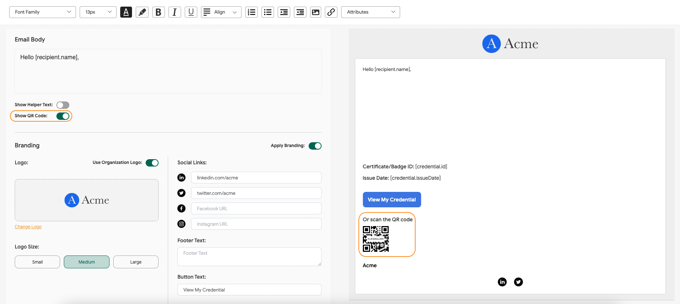 adding a QR code to your email notification inside the email designer on Sertifier app