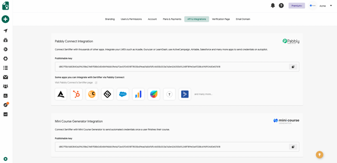 Sertifier App, API & Integrations Tab inside the Settings