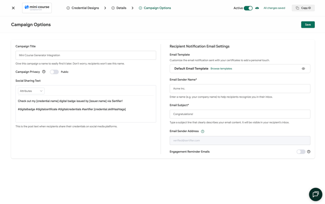 Mini Course Campaign Options Active