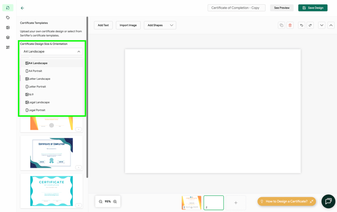 Multi-Page Certificate Change Size and Orientation