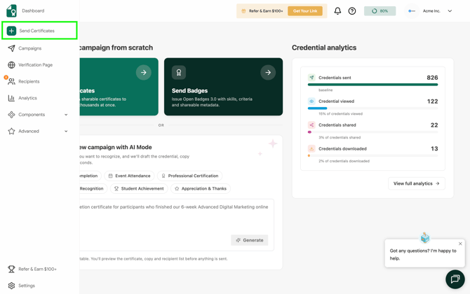 New Dahsboard Left Menu Send Certificates