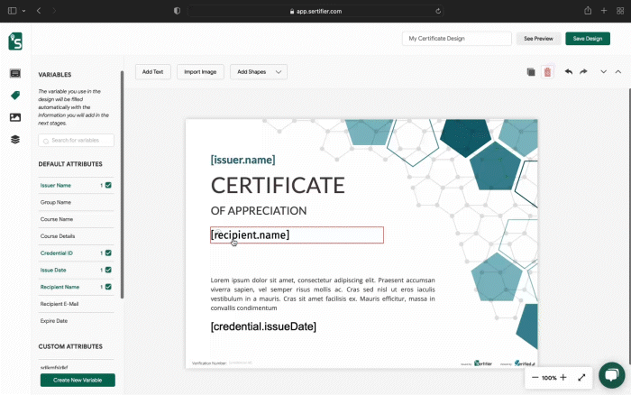 how to add course name to certificate design mini