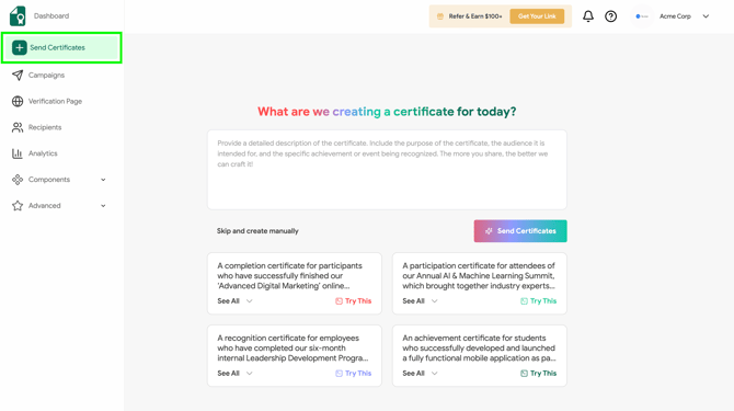 Send Certificates Button