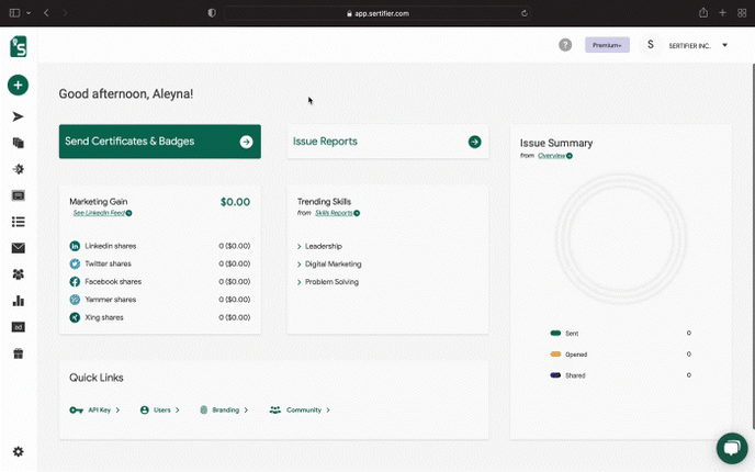 create and send new credential with Sertifier