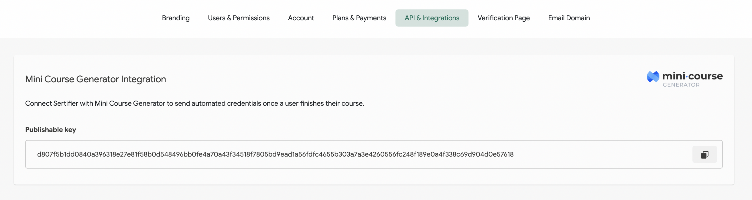 sertifier app mini course integration API key