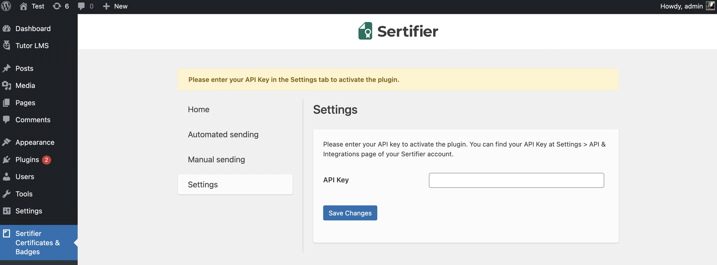 sertifier and tutor LMS integration setup page