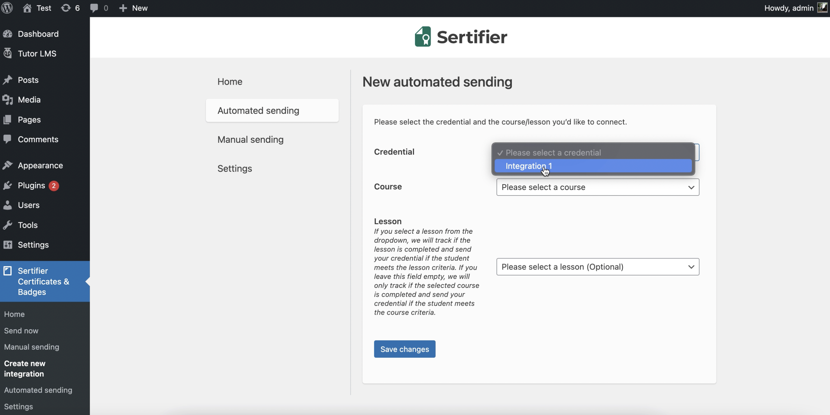 sertifier and tutor LMS integration setup page