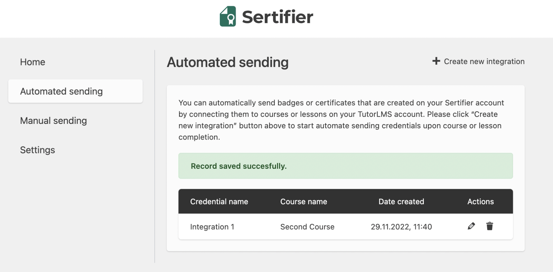 sertifier and tutor LMS integration setup page