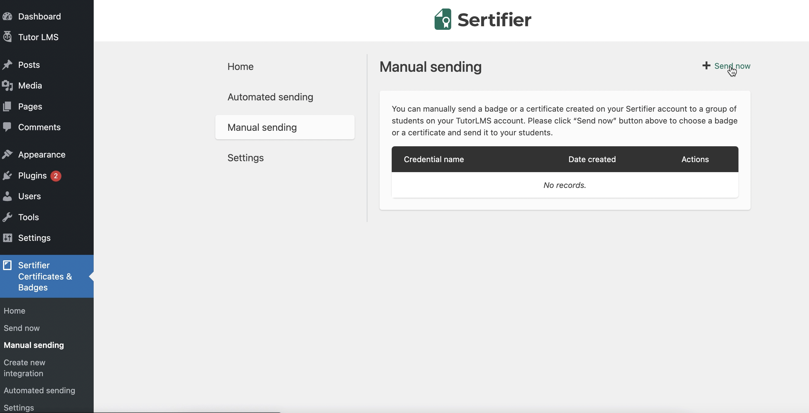 sertifier and tutor LMS integration setup page