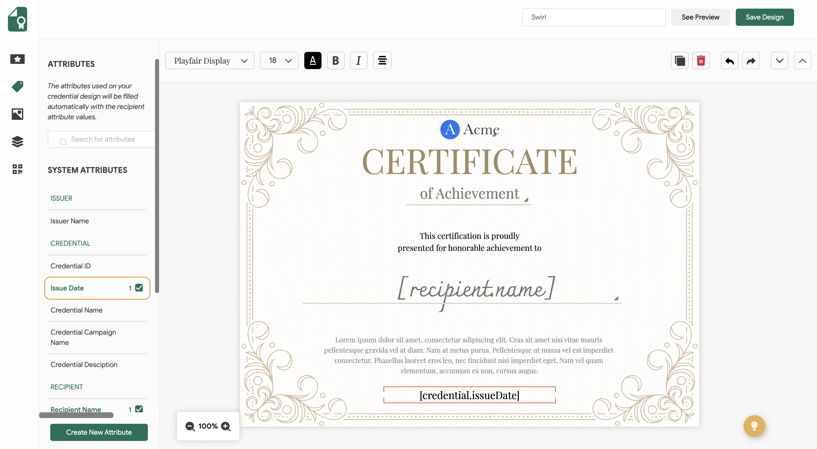 add issue date attribute to credential design