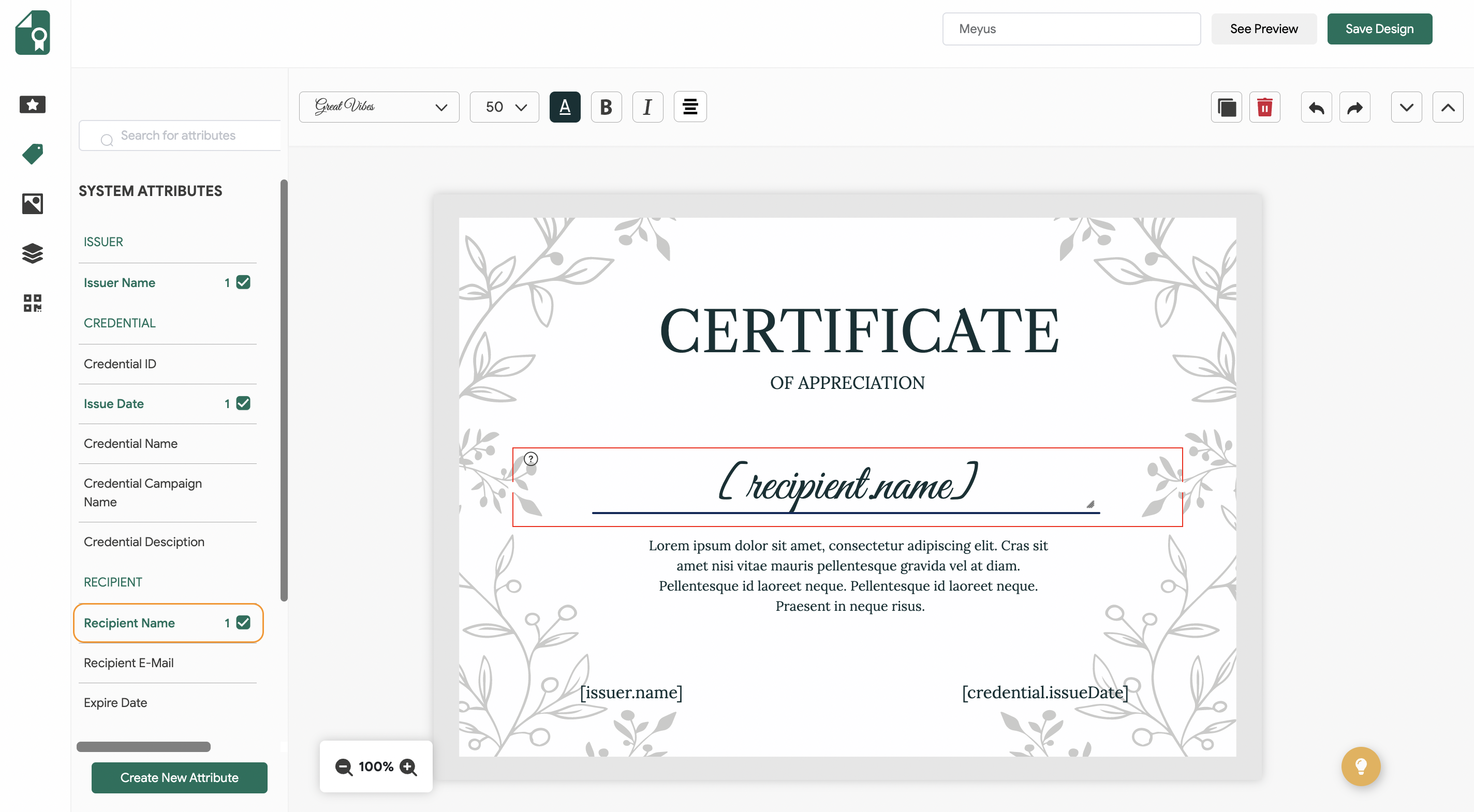 add recipient name attribute to certificate design