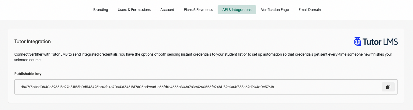 tutor LMS publishable key page